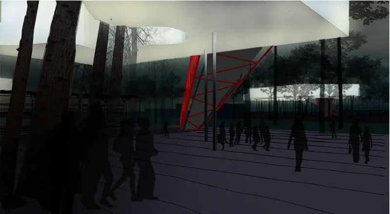 Exterior rendering of a covered timber deck with red steel sculpture and floor-to-ceiling glass walls reflecting the forest