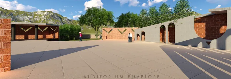 Exterior plaza with red brick volumes, arched openings, and visitors walking under a sunny afternoon sky