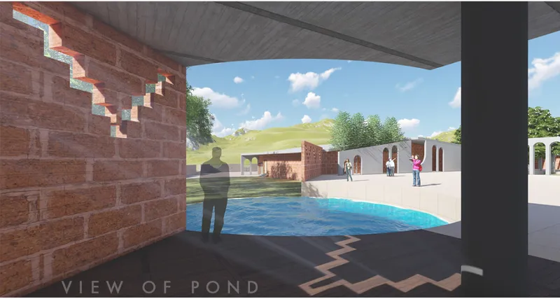 Covered terrace overlooking a reflecting pond with zigzag brick detailing and distant hills under blue sky