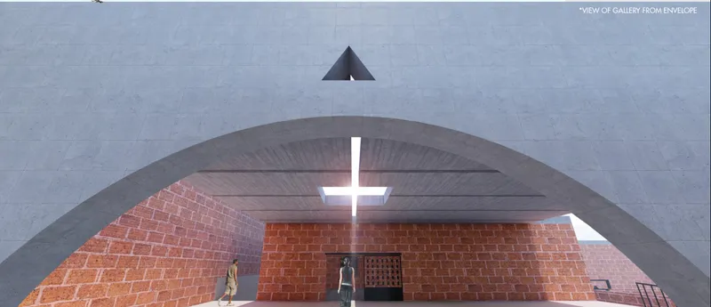 Interior rendering showing a vaulted ceiling with timber ribs and a cross-shaped skylight above a red brick wall