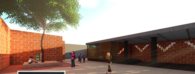 Courtyard view with red brick walls featuring zigzag patterns and a tree casting shadows on the paving