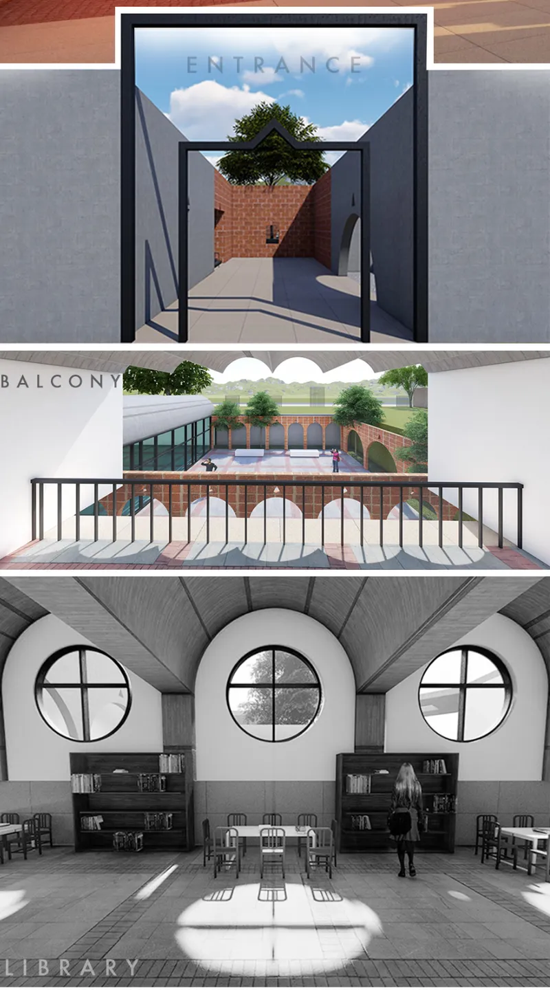 Three rendered views showing the entrance gate, balcony overlook with planters, and library interior with circular windows