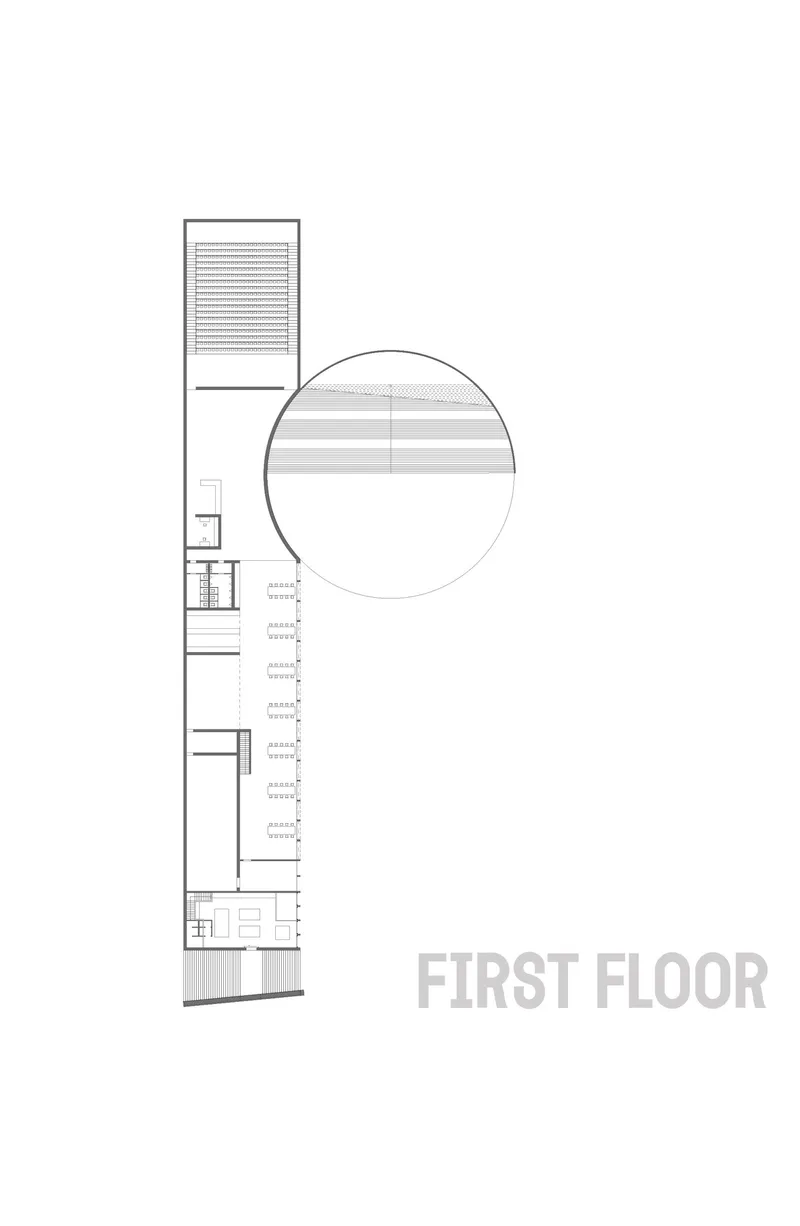 First floor plan drawing showing linear wing with circular roof detail inset