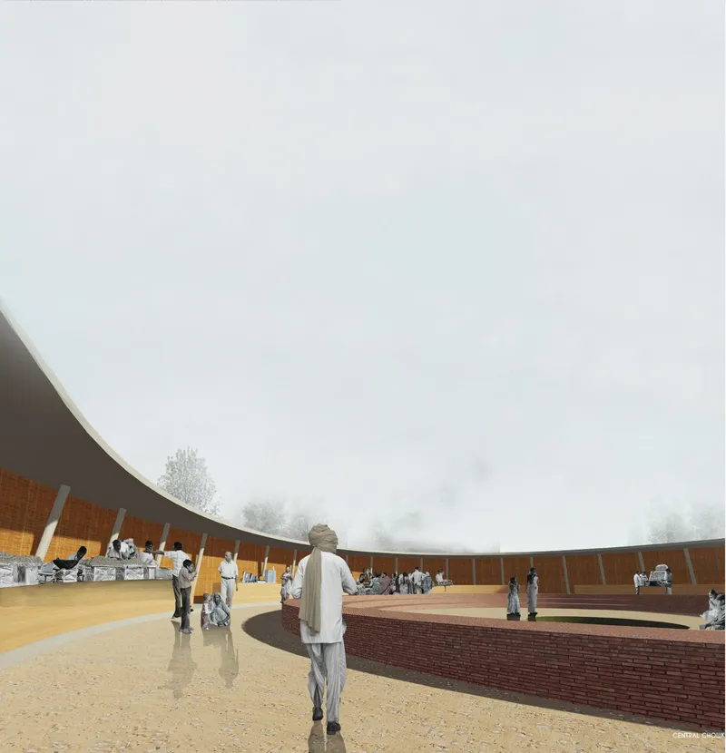 Rendered view of a circular courtyard with red brick walls beneath a sweeping white canopy in fog