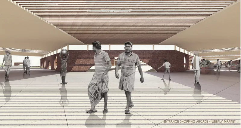Perspective rendering of a covered plaza with slatted timber ceiling casting striped shadows on pedestrians below