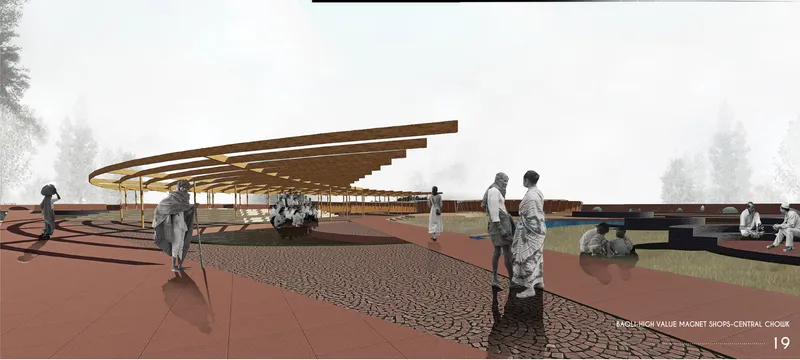 Exterior rendering showing the layered timber canopy structure hovering over textured paving with distant trees
