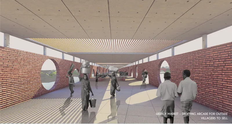 Arcade view through circular openings in red brick walls with timber slat ceiling overhead