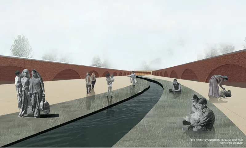 Rendering showing a curving water channel flanked by concrete walls with figures against a red brick wall
