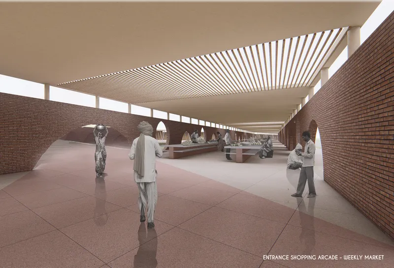 Interior corridor with red brick walls and timber slat ceiling allowing dappled natural light