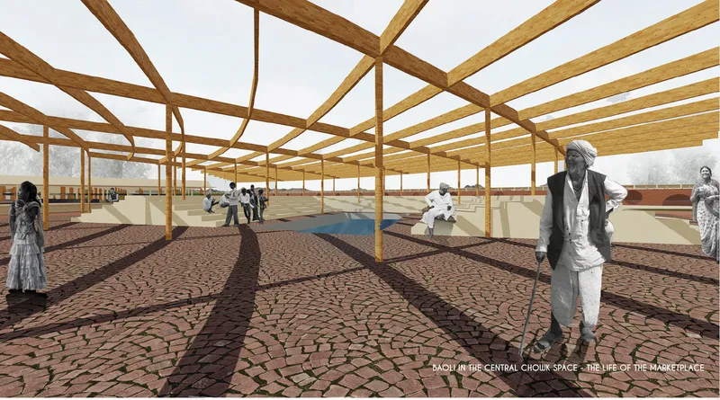 Open-air market space framed by radiating timber beams above a patterned brick paving surface