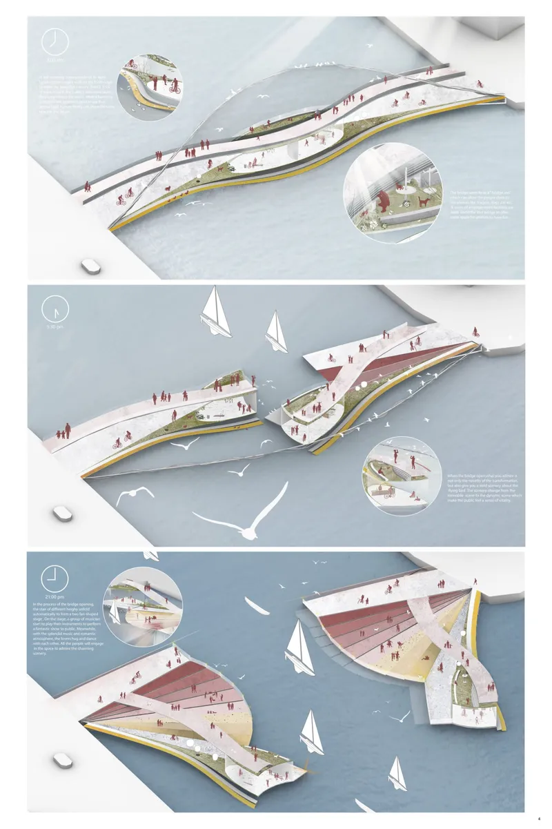 Axonometric drawings showing three seasonal configurations of a modular waterfront bridge with sailboats and seabirds