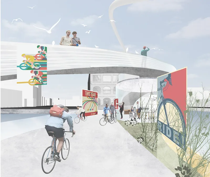 Rendering of a curved pedestrian ramp with cyclists and bicycle murals under a cloudy sky