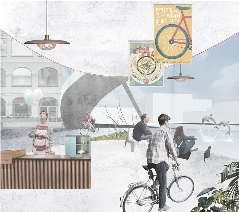 Interior perspective showing suspended pendant lights and bicycle posters above a public plaza with cyclists