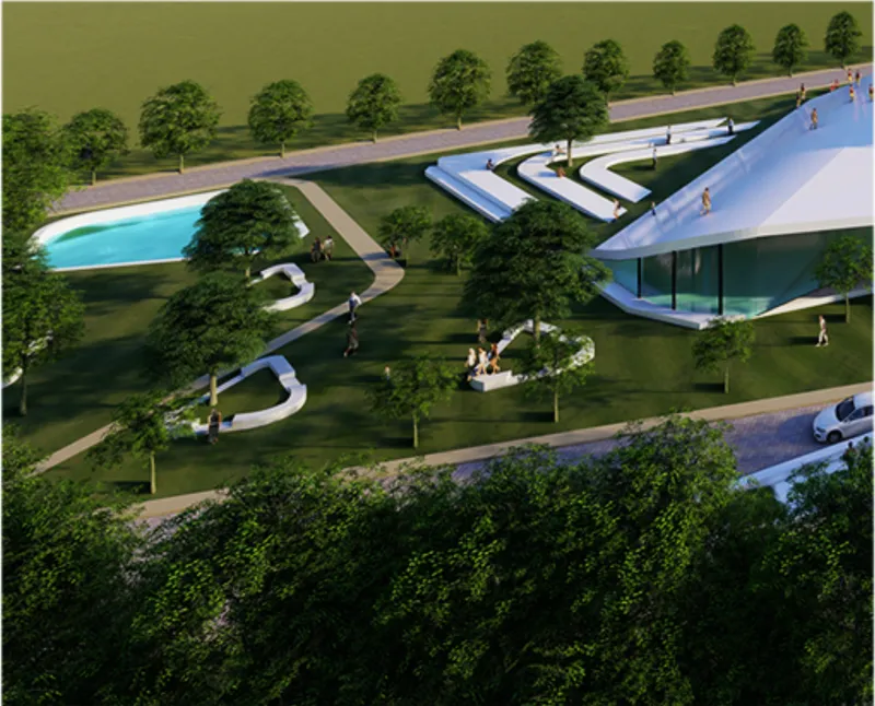 Aerial rendering of a flowing white roof structure with terraces, pool, and landscaped grounds