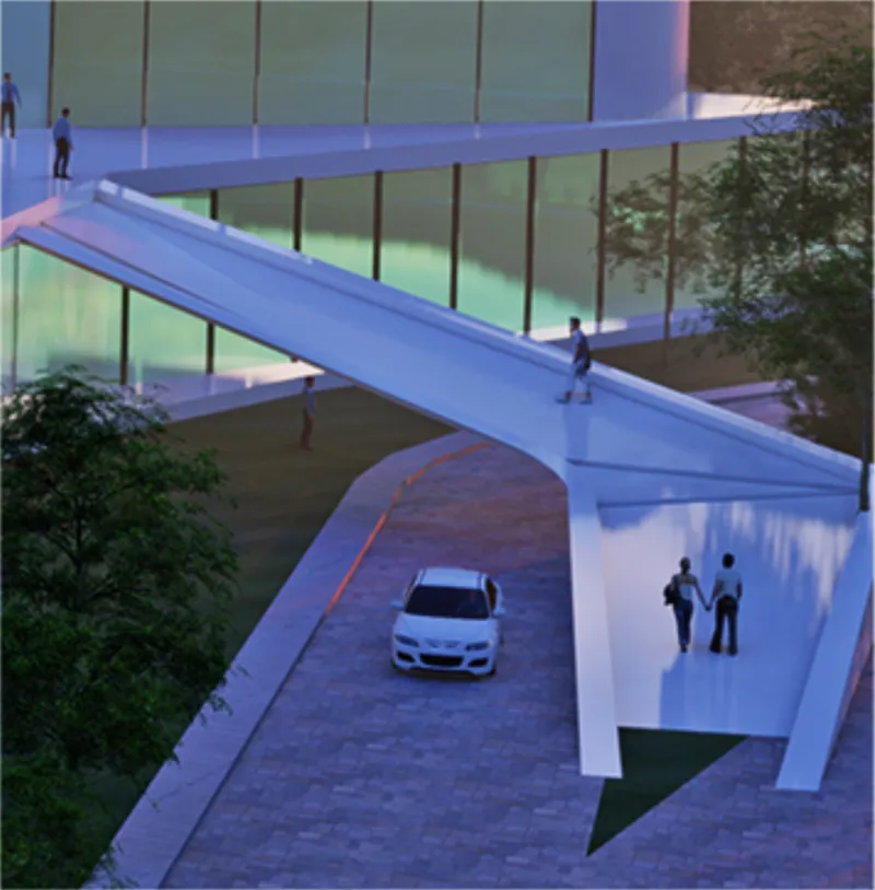 View of intersecting white ramps and pedestrian bridges connecting glass-walled volumes at dusk