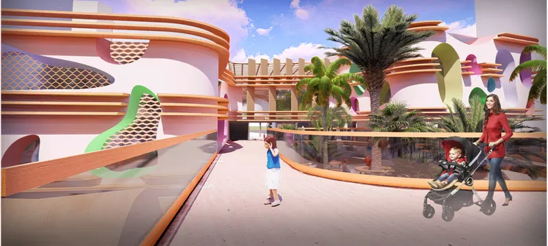 Pedestrian plaza with curving ramped pathways and palm trees between white volumes with perforated circular openings