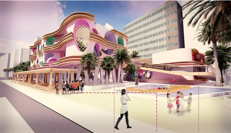 Street view of the curvilinear facade with pink banding and perforated mesh panels as pedestrians cross below