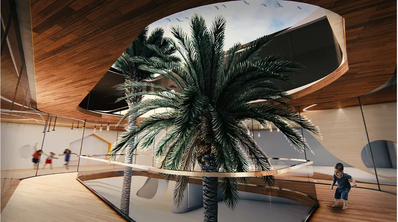 Interior view of curved timber ceiling with central palm tree rising through an angular skylight opening