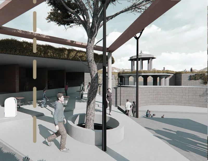 Public courtyard with timber pergola, metal support columns and figures walking beneath mature trees