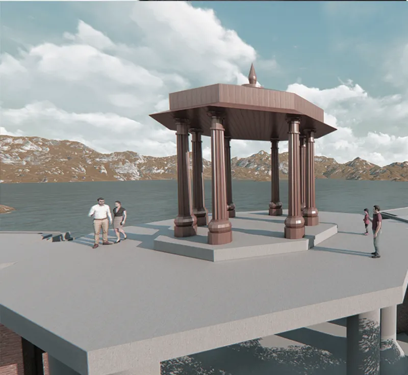 Timber columned pavilion on a raised platform overlooking lake and snow-dusted mountain range