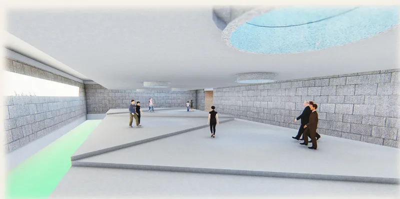 Interior gallery space with concrete block walls, ceiling oculi and visitors walking through