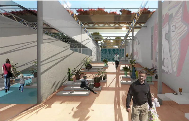 Interior courtyard with exposed steel truss ceiling, planted pots and visitors casting long afternoon shadows