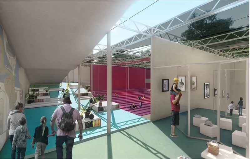 View across the open-air gallery showing magenta stepped seating and white exhibition walls under truss roof