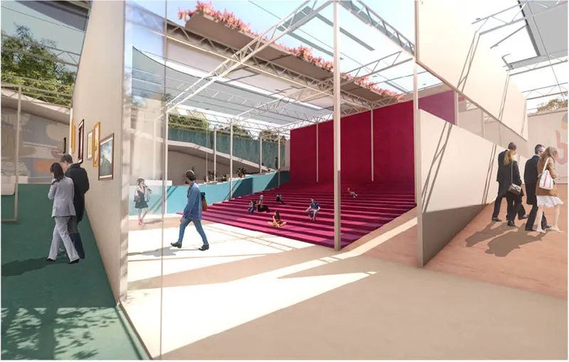 Glass-walled courtyard with magenta stepped seating platform surrounded by white galleries and visitors