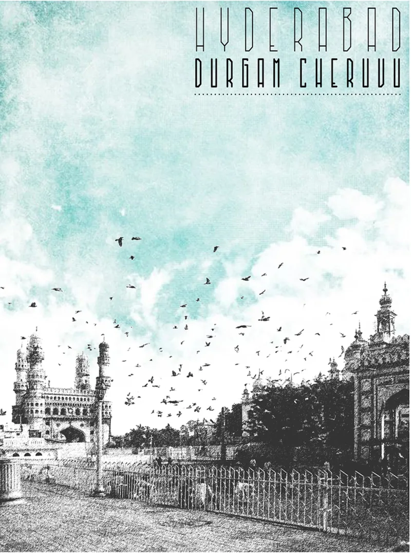 Historic urban gateway with ornate towers and decorative ironwork fence as birds swirl overhead