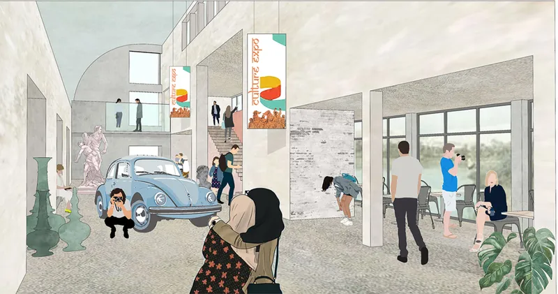 Interior rendering of a double-height gallery space with figures, a vintage car, and planted greenery