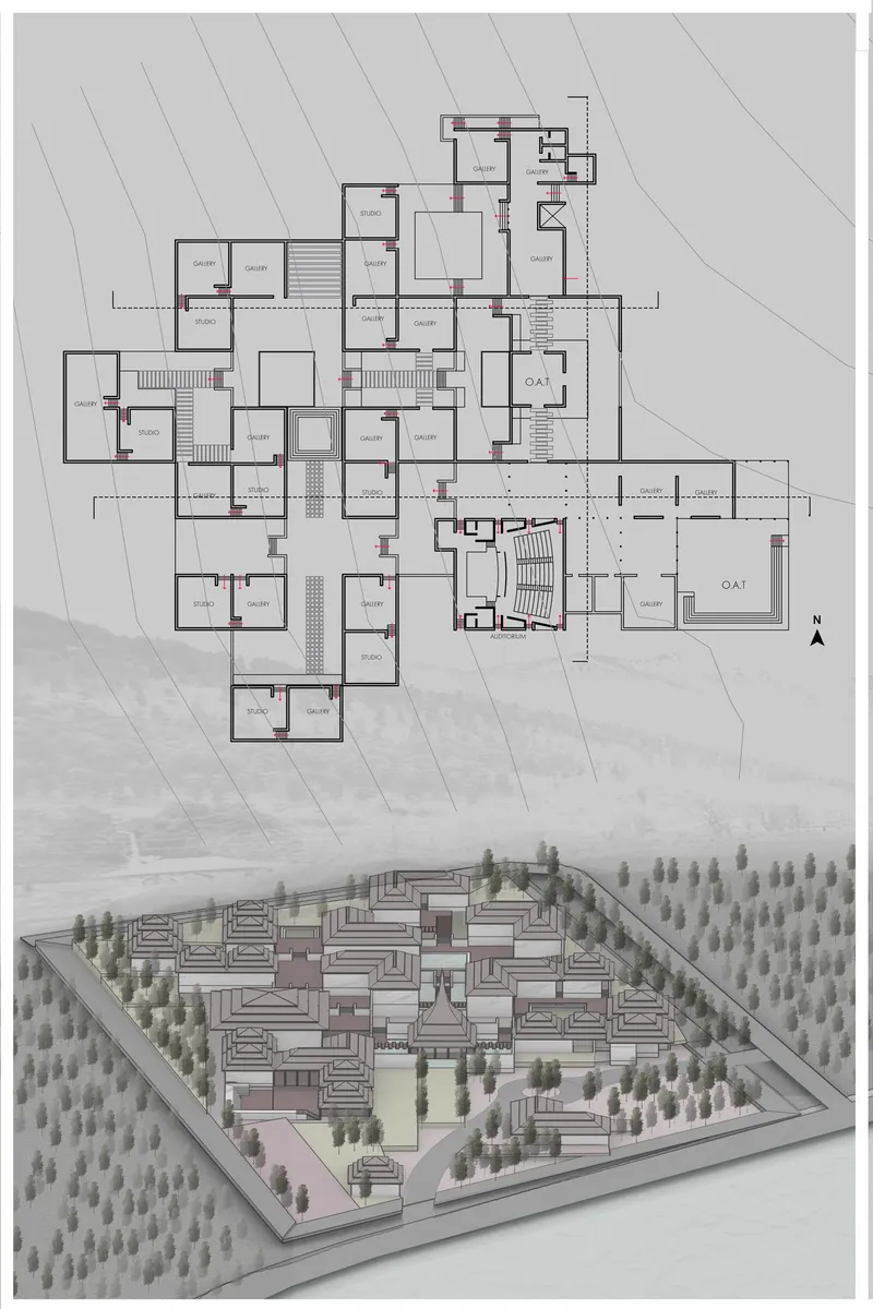 Floor plan drawing and axonometric rendering showing a clustered compound of rectangular volumes within a walled perimeter