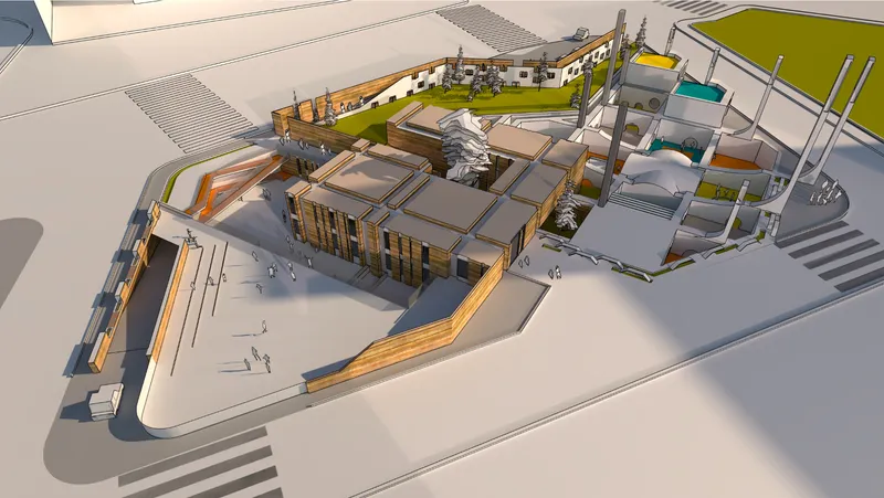 Axonometric rendering showing timber-clad volumes arranged around a central courtyard with planted green roofs
