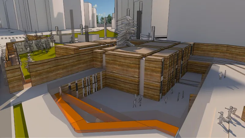 Rendered courtyard view with horizontal timber cladding and orange ground plane elements under afternoon sun