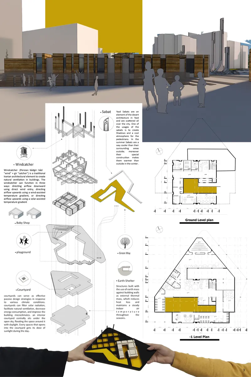 Presentation board with axonometric diagrams, floor plans, and a street view of the timber and concrete pavilion