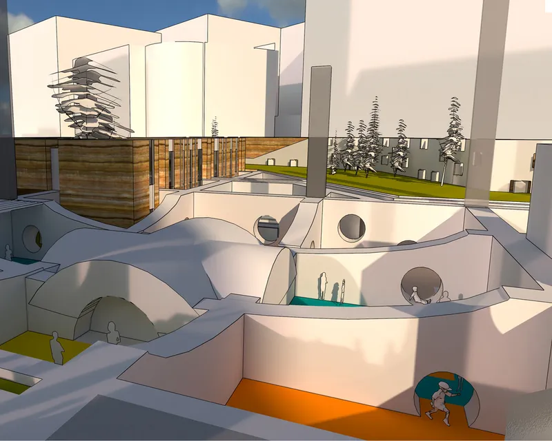 Section rendering revealing undulating floor levels with circular apertures and scattered trees in the plaza above