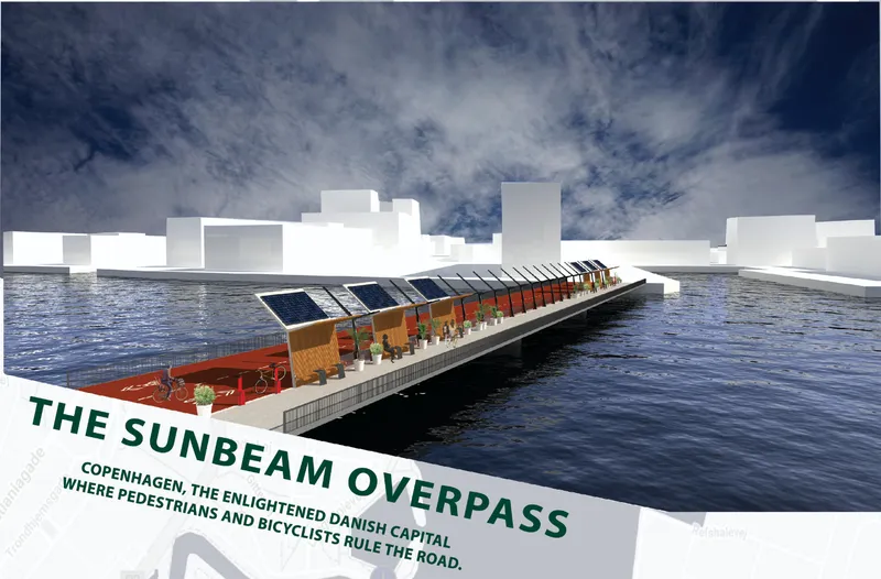 Rendering of a floating bridge with solar panels and orange bike lane stretching across blue water