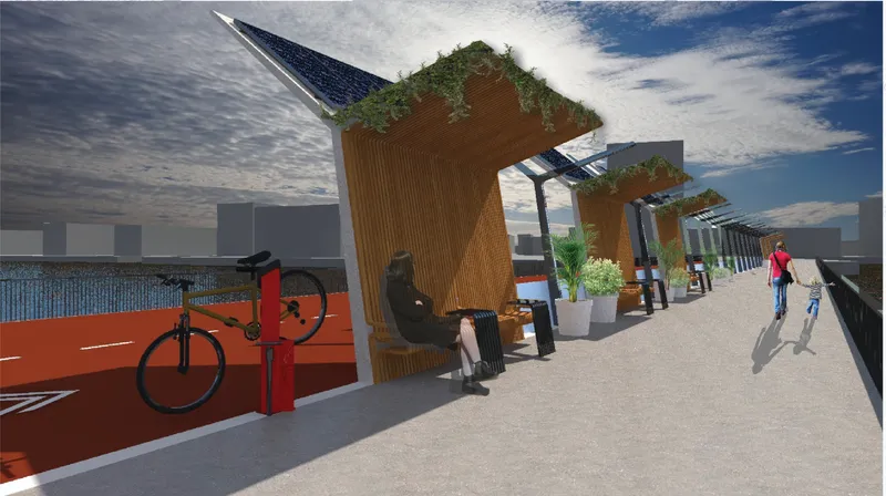 Timber-clad pavilions with planted roofs lining a pedestrian promenade beside a red cycle path