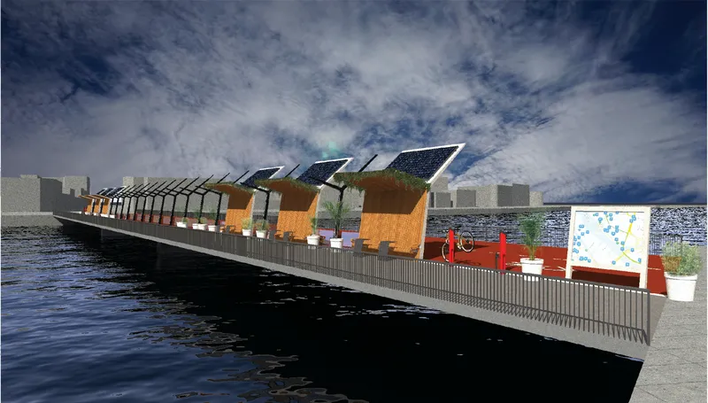 Linear sequence of angled solar canopies above the floating structure under a cloudy sky