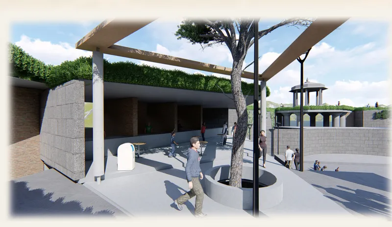 Rendered courtyard view with concrete canopy structure sheltering a sunken circular gathering space and visitors