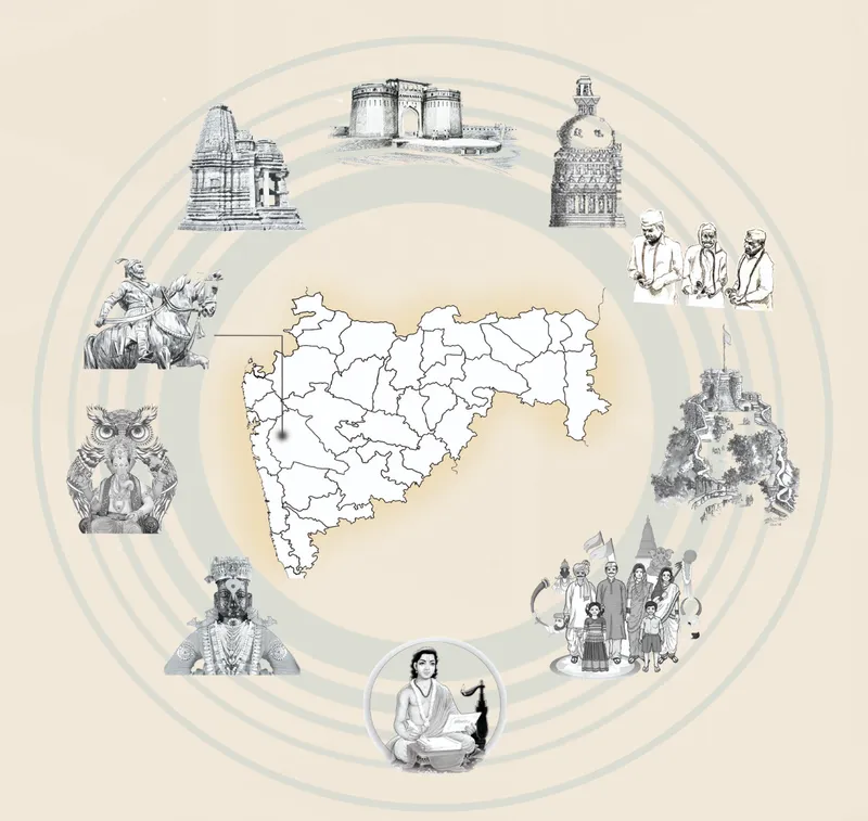 Circular diagram showing regional map with cultural landmarks and figures arranged around the perimeter