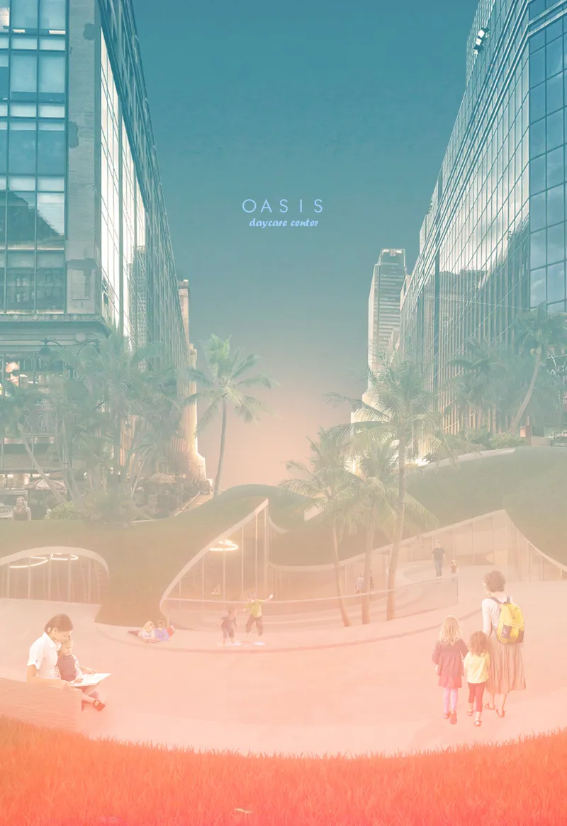 Sand play area with curved pavilions surrounded by palm trees and glass towers in hazy light