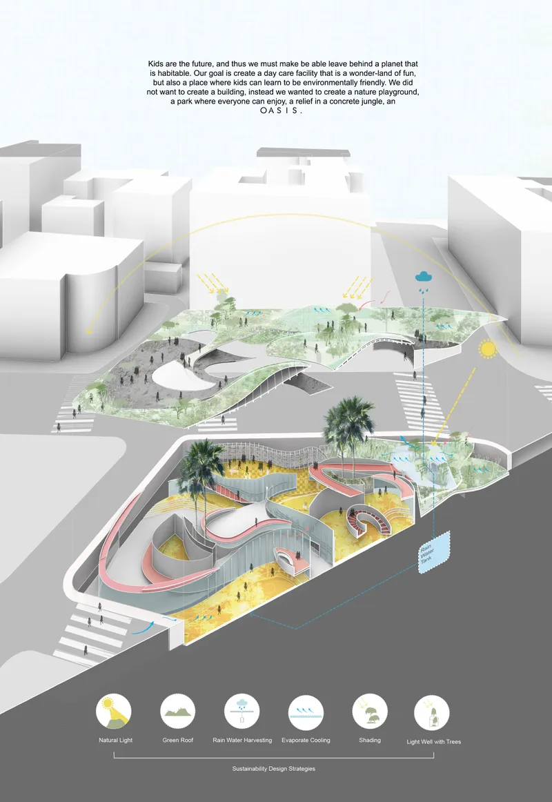 Axonometric cutaway drawing showing a park with underground play spaces carved into the ground plane