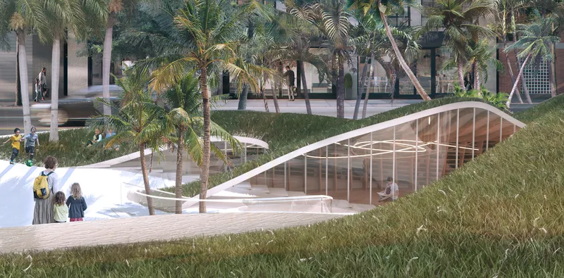 Curved glass pavilion with arched roof emerging from landscaped berms planted with grasses and palms