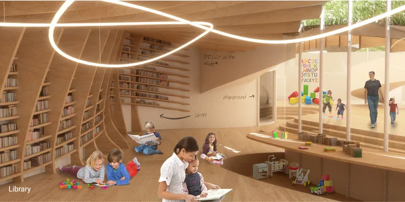 Interior library space with curved timber shelving and pendant ring lighting above children reading on the floor