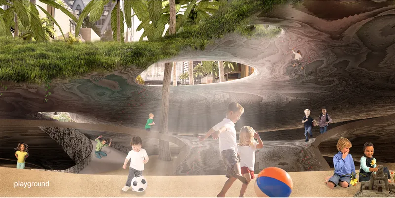 Underground play cavern with carved rock formations and oval skylights bringing daylight to children below