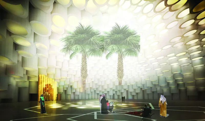 Interior courtyard with pixelated walls and palm trees lit by sunlight filtering through a perforated ceiling