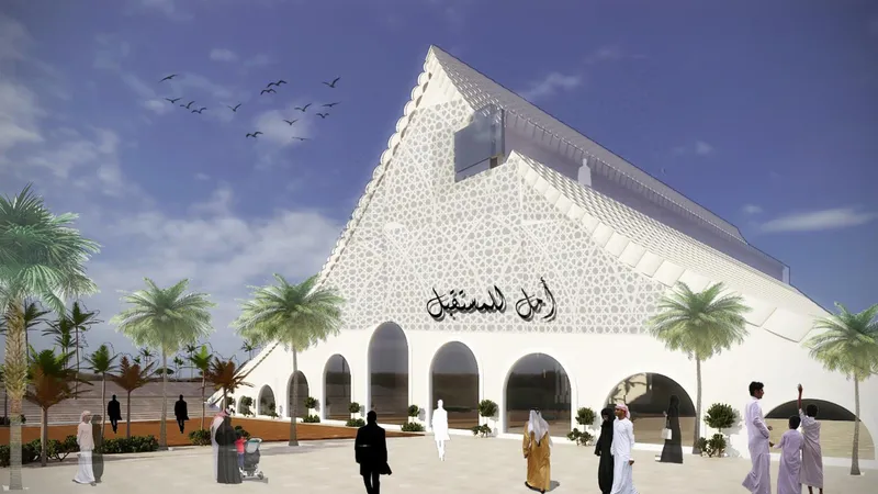 White perforated facade with pointed roof and arched arcade shaded by palm trees under blue sky