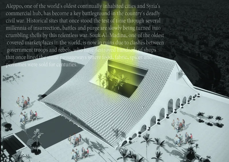 Aerial rendering showing a cubic volume with perforated skin surrounding a planted courtyard with palm trees