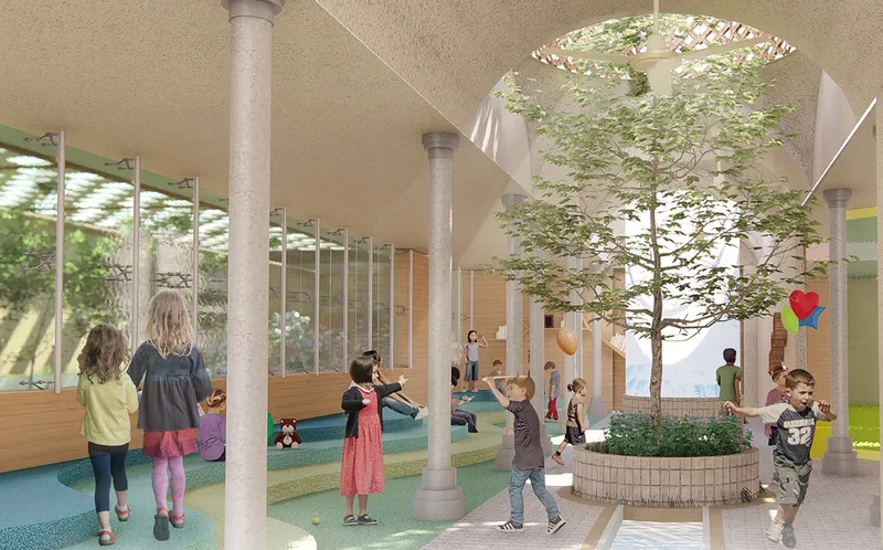 Interior hall with circular planter and tree beneath a geometric skylight as children move through the space