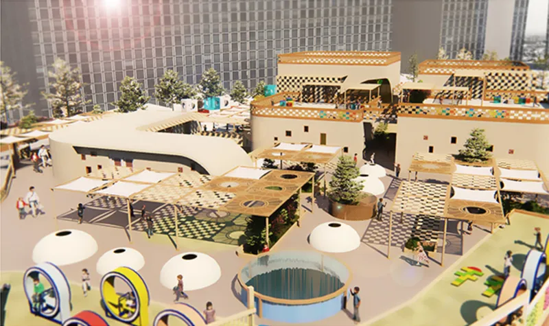 Model of rooftop plaza with canopy structures, planted trees and circular pools beneath high-rise towers